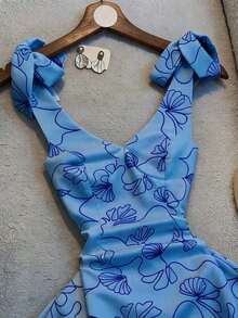 Nuevo vestido elegante con estampado, cuello en V y cintura con lazo - Azul - Ver 4