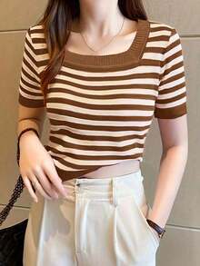 Blusa de punto de manga corta con rayas sencillas, casual para uso diario para mujer - Café integral - Ver 6