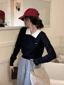 Suéter corto de estilo coreano con cuello de polo para otoño/invierno, jersey ligero, color block, manga larga, jersey de punto casual para mujer - Negro - Ver 5