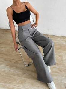 Pantalones de mujer casuales de cintura alta asimétricos con piernas anchas - Gris 2 - Ver 6