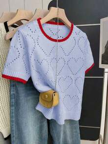 Blusa de punto holgada de cuello redondo y manga corta con diseño de corazón hueco y ribete de contraste en beige para mujer, suéter de manga corta para primavera/verano, últimas blusas de mujer, nuevas llegadas de blusas de punto para mujer - Púrpura malva - Ver 5