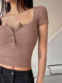 Blusa casual de mujer de unicolor con botones delanteros y mangas cortas, top lindo para uso diario - Camel - Ver 4