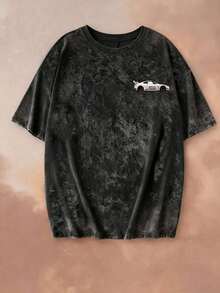Camiseta de manga corta con cuello redondo, estampado de coche de carreras blanco y teñido anudado, de estilo simple y veraniego, de moda y versátil, en color negro - Estilo - Ver 6