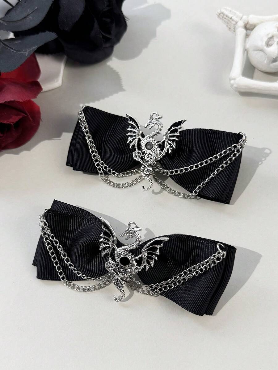 2pcs Gothic Style Lace Ribbon & Dragon Hair Clips, Suitable For Holiday Costumes And Daily Wear For Gothic Enthusiasts,Hair Claws,Bobby Pin - Black - View 1