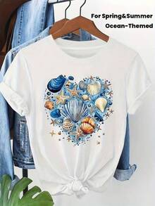 Camiseta Estilo UrbanoColorful Ocean-Themed Shell Pattern Printed T-Shirt For Women, Short-Sleeved, Round Neck, Casual Top For Spring And Summer,Camiseta informal negra de cuello redondo para hombre, camisas para niños, ropa para niñas, conjuntos de chicas de televisión, conjuntos a juego para madre e hija, adecuados para regalos de San Valentín, unisex - Blanco - Ver 7