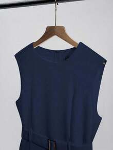 Vestido de tejido blanco de corte elegante, estilo francés, con cuello redondo, sin mangas, cinturón en la cintura, dobladillo plisado para mujeres, ideal para primavera/verano, negocios casuales, graduación - Azul marino - Ver 3