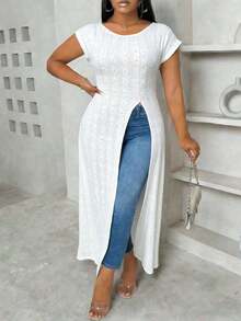 Camiseta casual de mujer talla grande con cuello de barco, decoración de patchwork geométrico, cintura ceñida y bajo con abertura - Blanco - Ver 4