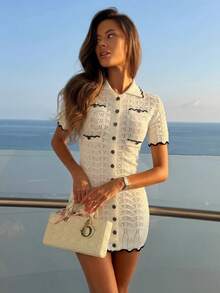 Vestido corto tipo cardigan con cuello solapa y manga corta, borde decorado liso, corte ajustado y sensual, nueva colección 2026. - Blanco - Ver 2