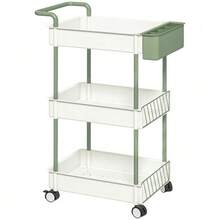 Rolling Serving Trolley With 3 Shelves And Hanging Basket, Kitchen Trolley Made Of Steel In White, Practical Storage Trolley With Handle - White - View 9