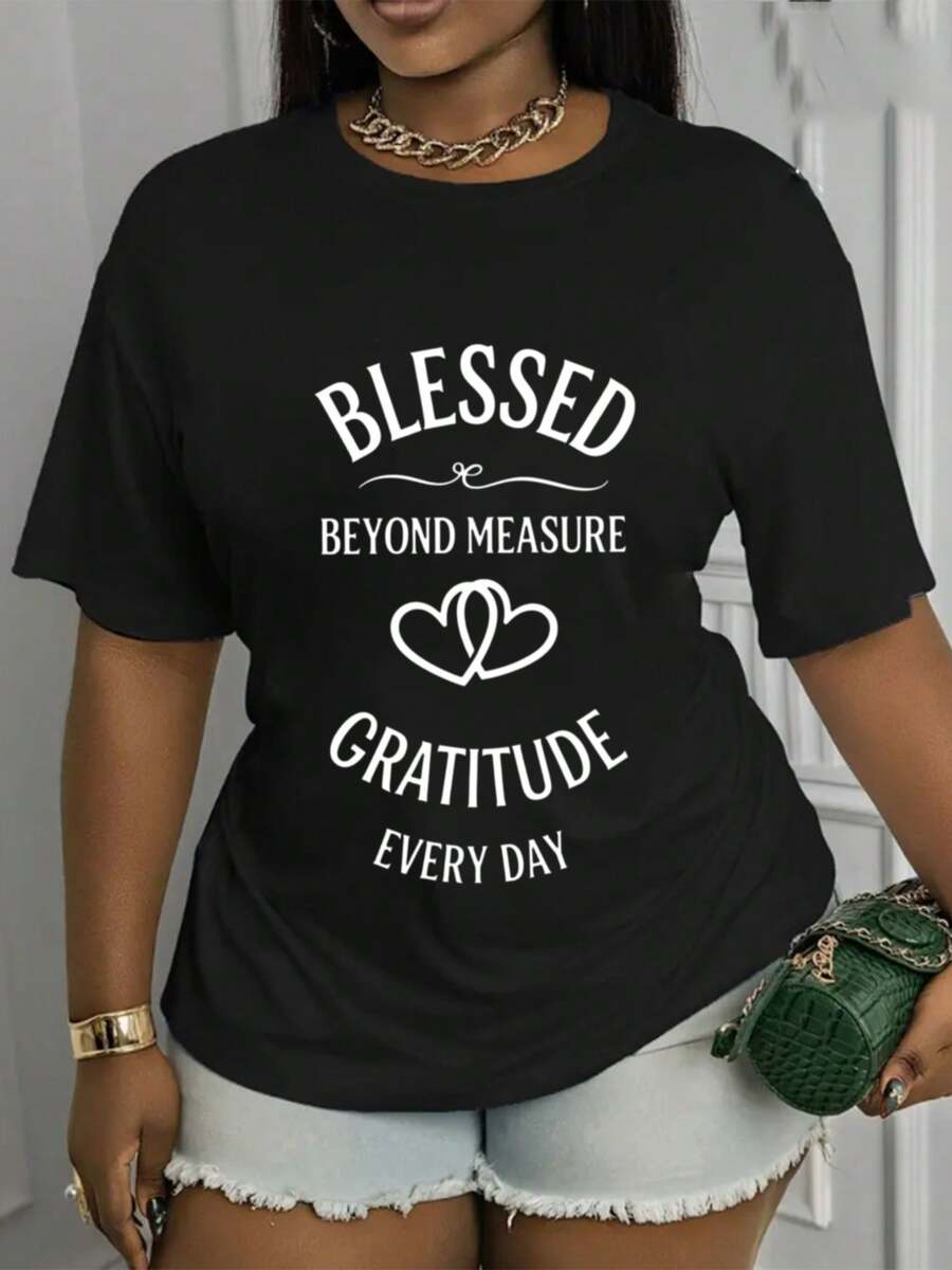 Suave, transpirable y ligera para comodidad durante todo el día. Camiseta casual de cuello redondo para primavera/verano, estampada con las palabras "Blessings Beyond Words - Be Grateful Eve - Negro - Ver 1