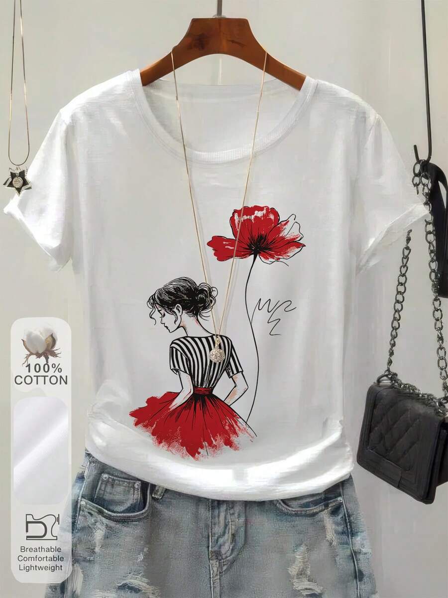 Camiseta con estampado gráfico, top casual de manga corta y cuello redondo para verano y primavera, ropa de mujer - Blanco - Ver 1