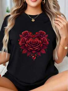 Camiseta con Diseño Gráfico de Rosas y Corazones para Mujer, Top Casual de Verano, Regalo Romántico, Estilo Vintage Urbano, Unisex, de Algodón, Manga Corta, Cuello Redondo, 100% Algodón - Negro - Ver 1