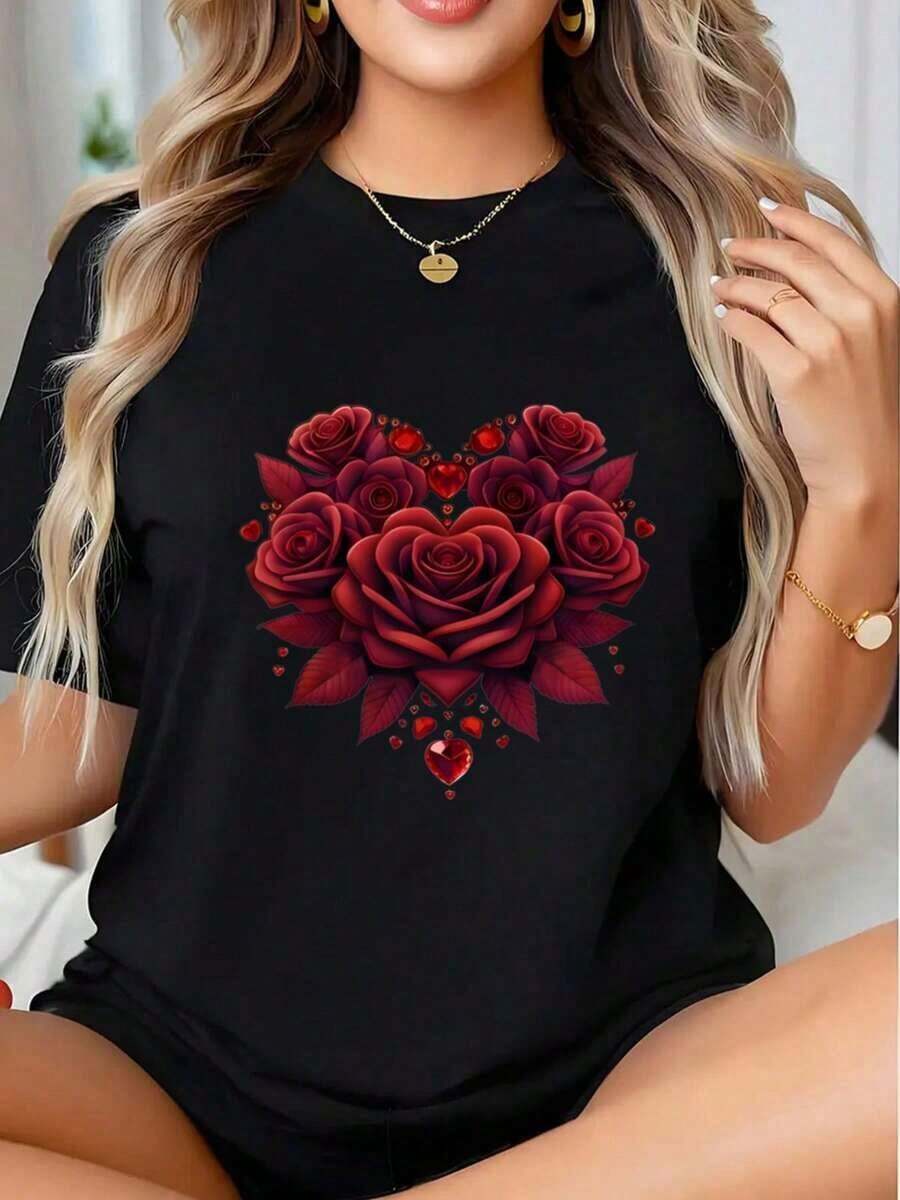 Camiseta con Diseño Gráfico de Rosas y Corazones para Mujer, Top Casual de Verano, Regalo Romántico, Estilo Vintage Urbano, Unisex, de Algodón, Manga Corta, Cuello Redondo, 100% Algodón - Negro - Ver 1