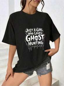 Camiseta de manga corta para mujer de puro algodón cómoda con estampado "Solo una chica que ama la caza de fantasmas", Per_176_t1 playeras de mujer - Negro - Ver 2