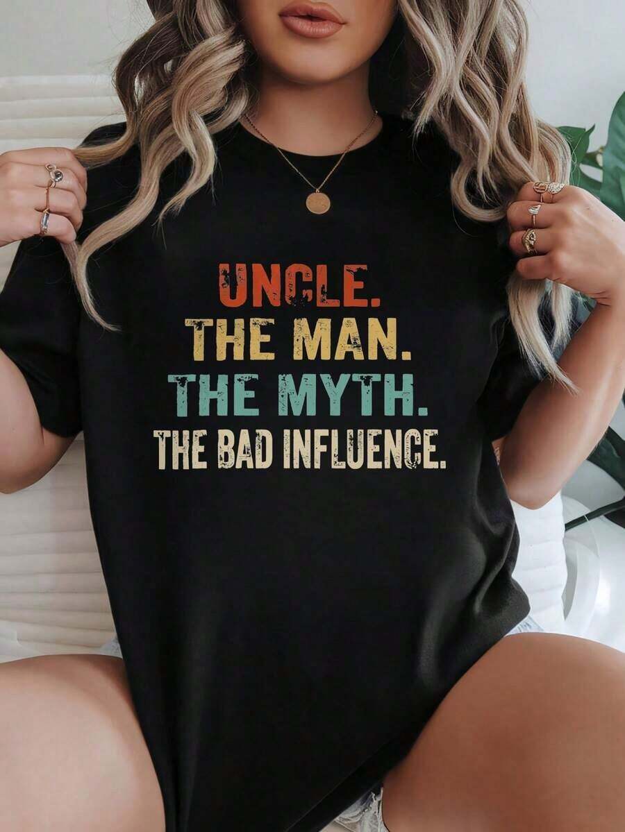Women's Casual Loose Fit T-Shirt, Available In Black And White, Fun Graphic Print With Mythical Uncle Man And Bad Influence, Graphic Tees For Everyday Summer Wear, Summer Tops, Graphic Tees, Summer Sets, Women's Crop Tops, Women's Tops, Cute Vintage Cotton Clothing For Women, Loose Fit T-Shirt For Women - 黑色 - 查看 1