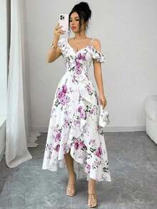 Vestido largo rosa de estilo retro romántico para mujer, con estampado floral, cuello oblicuo, volantes en el bajo e bajo irregular, ideal para vacaciones en la playa, reuniones diarias, citas y fiestas - Amarillo - Ver 9