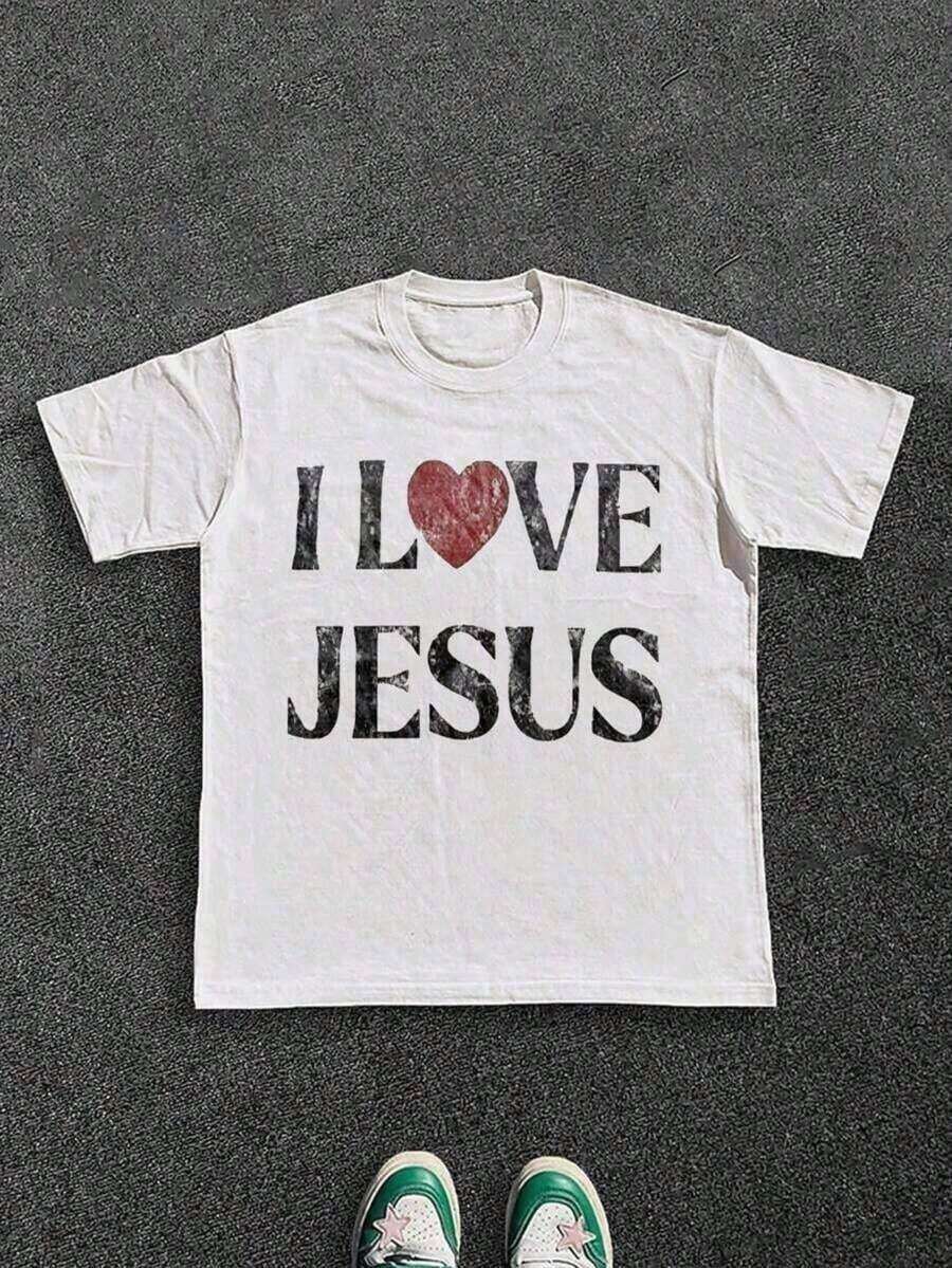 1 camiseta para mujer y unisex 100% algodón con estampado gráfico "I Love Jesus" en estilo desgastado, perfecta para el uso diario de cristianos, es una opción de regalo ideal. 180g Algodón 100%. - Blanco - Ver 1