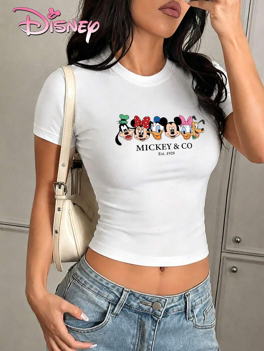 Disney Women's Slim-Fit Cropped T-Shirts With Mickey Mouse Family Head Print, Simple Preppy Style, Suitable For Daily Commutes, Casual Outings, And Outings With Friends. - White - View 1