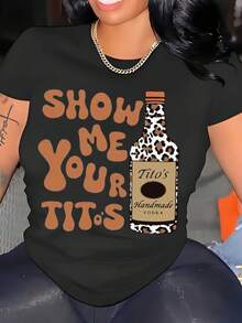 T Shirt Show Me Your Titos Leopard Print Bottle Design Party Fun Humor Statement Tee For Women Casual Wear Summer Outfit Birthday Gift 220g - 黑色 - 查看 2