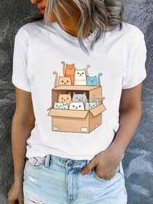 Camiseta de manga corta con cuello redondo para mujer, estampada, moderna y casual, lavable a máquina, ajuste cómodo, estampado plano 2D Blusas Para Mujer Casual. - Blanco_09 - Ver 7