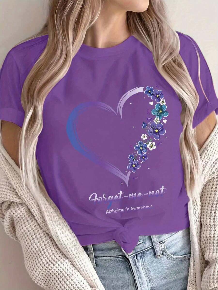 Camiseta de manga corta con cuello redondo y estampado de corazones, estilo europeo y americano, para mujer, tipo pullover deportivo. EJGJ - Morado - Ver 1
