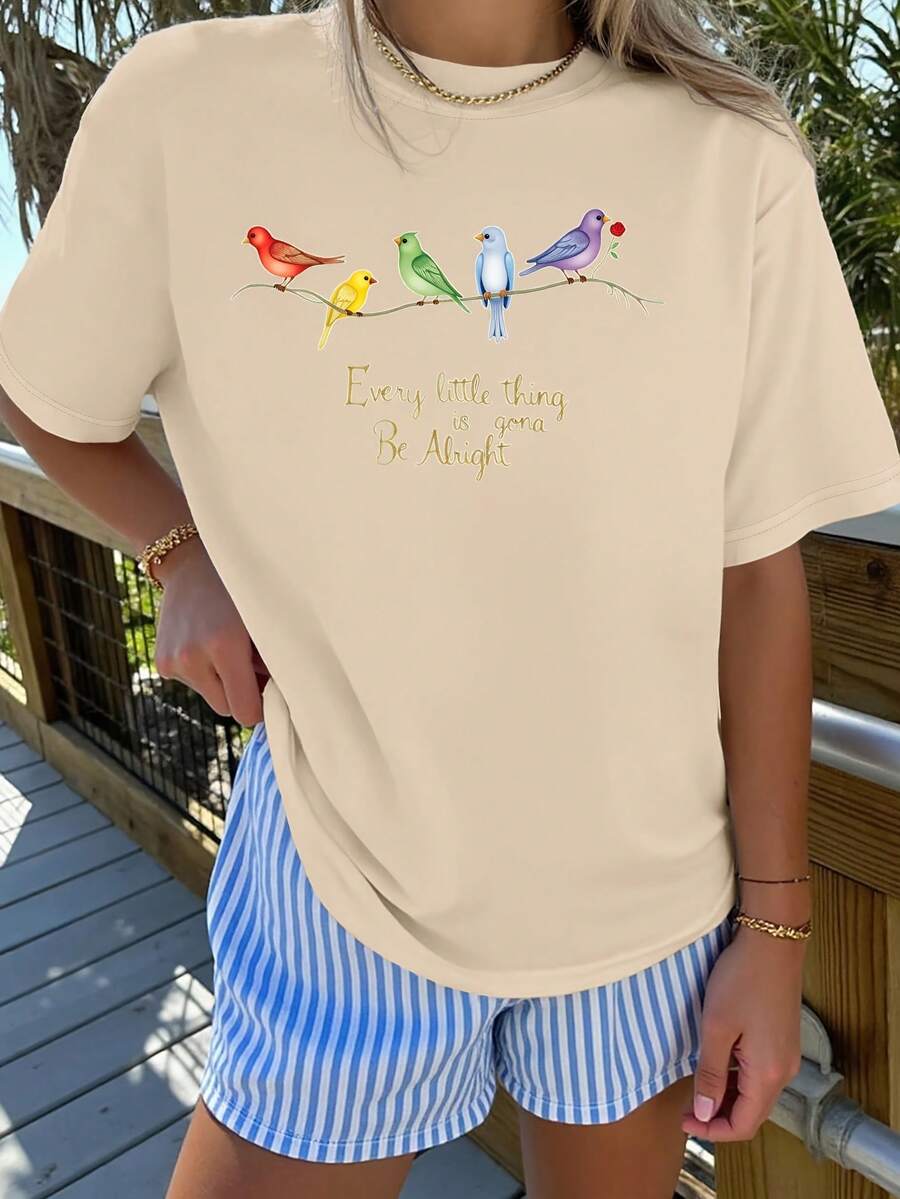 Camiseta de mujer de manga corta, estilo elegante, de gran tamaño, con estampado de pájaros curativos, cuello redondo, adecuada para primavera y verano, a la moda para ir al trabajo, vacaciones, uso diario, top versátil, casual, elegante y de estilo vintage, 100% algodón. - Albaricoque - Ver 1
