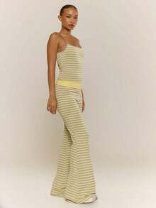 Conjunto de top de tirantes a rayas y pantalón acampanado con doblez, coordinado en color amarillo para primavera y verano, vacaciones, uso casual y diario, estilo lindo y de Y2K - Multicolor - Ver 3