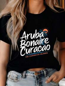 2026 Curaçao Bonaire Aruba Islas del Caribe Camiseta de Vacaciones ABC Blusas Para Mujer Casual - Negro - Ver 1