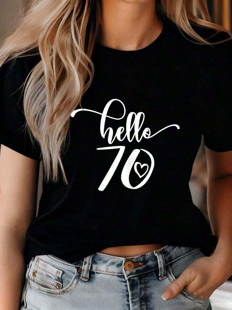 2026 70º Cumpleaños Camiseta Bonita para Mujer "Hola, 70 Años" Blusas para Mujer Casual - Negro - Ver 1