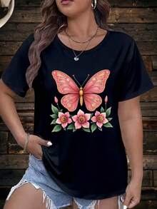 Women's Plus Size Casual T-Shirt With Floral Butterfly Print - Short Sleeve, Round Neck, Loose Fit, Machine Washable, Comfortable For All Seasons, Feminine Style, Soft Fabric M0LU - 黑色 - 查看 6