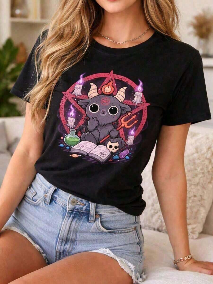 playeras de mujer algodon Camiseta de mujer con pentagrama de diablo lindo, 180 g, negra |     Adecuada para cosplay y uso diario |     Lindo estampado gótico, manga corta |     Perfecta para quienes les gusta el estilo gótico lindo y la moda alternativa.Suitable for spring, summer and autumnmaija >ropa - Negro - Ver 1