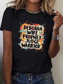 Camiseta para mujer "Deborah Esposa, Madre, Guerrero, Versículo Bíblico Cristiano" - Camiseta casual de manga corta 100% cómoda con un audaz estampado de la guerrera Juez Deborah y un diseño de versículo bíblico Hebreos 5:10, adecuada para eventos religiosos y uso casual - Tela suave y transpirable, lavable a máquina, apta para todas las estaciones, corte holgado, mangas cortas, longitud regular, opaca, adecuada para uso diario (inspirada en Deborah). - Negro - Ver 1