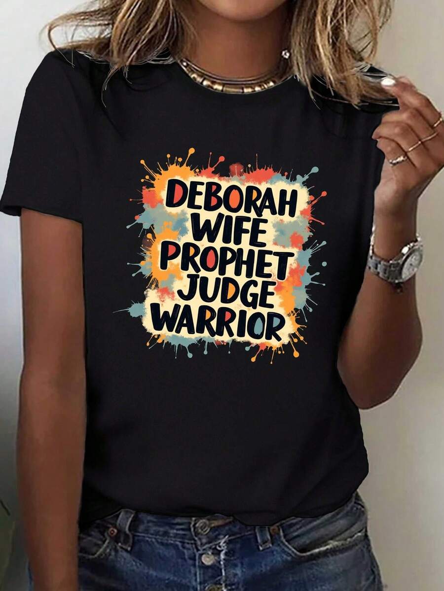 Camiseta para mujer "Deborah Esposa, Madre, Guerrero, Versículo Bíblico Cristiano" - Camiseta casual de manga corta 100% cómoda con un audaz estampado de la guerrera Juez Deborah y un diseño de versículo bíblico Hebreos 5:10, adecuada para eventos religiosos y uso casual - Tela suave y transpirable, lavable a máquina, apta para todas las estaciones, corte holgado, mangas cortas, longitud regular, opaca, adecuada para uso diario (inspirada en Deborah). - Negro - Ver 1