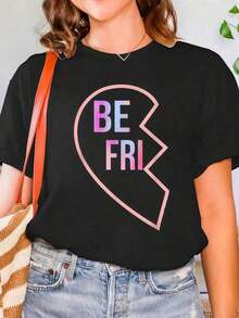 Round Neck Camiseta De Cuello Redondo Estampada BFF 1 Corazón En 2 Mejores Amigas Que Hacen Juego, Parte 1, Para Mujeres, De Manga Corta, Suave, Estilosa Y Cómoda, Camiseta Gráfica Summer Essentials,Summer Outfits For Women,Graphic Tees Blusas Para Mujer Casual - Negro - Ver 1