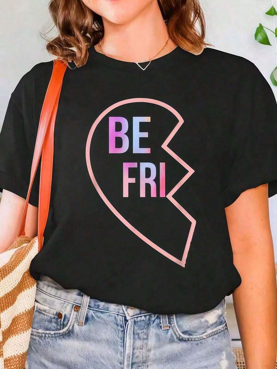 Round Neck Camiseta De Cuello Redondo Estampada BFF 1 Corazón En 2 Mejores Amigas Que Hacen Juego, Parte 1, Para Mujeres, De Manga Corta, Suave, Estilosa Y Cómoda, Camiseta Gráfica Summer Essentials,Summer Outfits For Women,Graphic Tees Blusas Para Mujer Casual - Negro - Ver 1