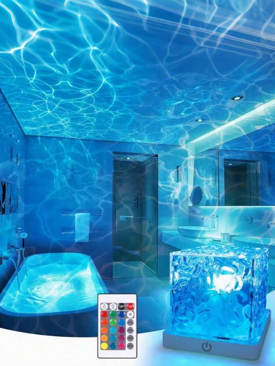1pc 16-Color Water Wave Projection Lamp, USB Powered With Remote Control Ocean Wave Nightlight, Dynamic Rotating Crystal Cube Atmosphere Lamp, Suitable For Bedroom, Bathroom, Living Room Decor