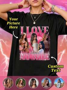 Vintage Personalized Photo T-Shirt With Black Text, Unique Design For Family/Couple/Pet Photos, Top Gift - 黑色 - 查看 1
