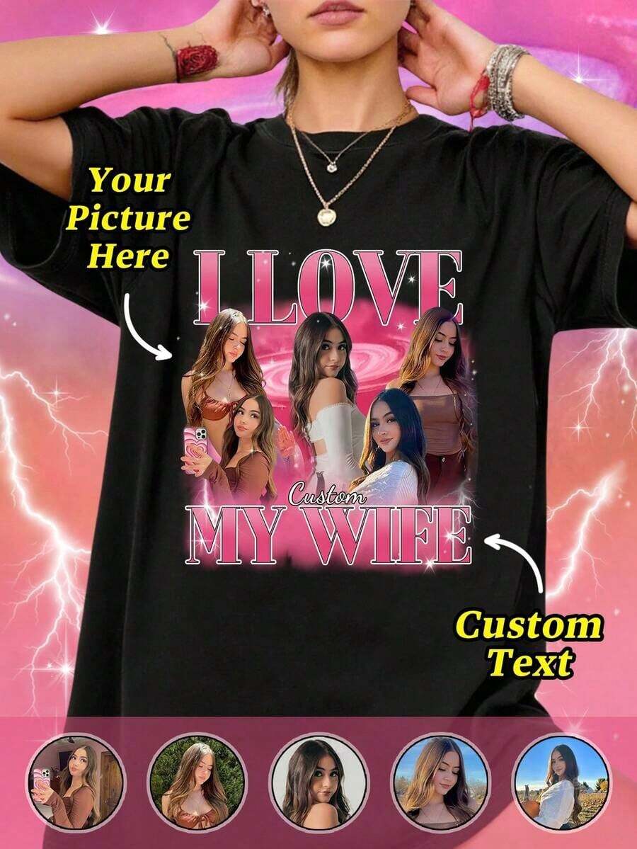 Vintage Personalized Photo T-Shirt With Black Text, Unique Design For Family/Couple/Pet Photos, Top Gift - 黑色 - 查看 1