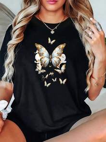 Camiseta de mujer, camiseta de mujer con estampado de anime y diseño de letras, cuello redondo, top casual transpirable, adecuada para uso diario, lavable a máquina, versátil para fiestas o uso cotidiano (Local.jpg) Ropa de fiesta para adultos, atuendo para celebraciones de temporada, estampados divertidos de temporada, calidad de impresión duradera. - Negro - Ver 1