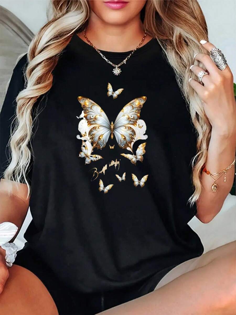 Camiseta de mujer, camiseta de mujer con estampado de anime y diseño de letras, cuello redondo, top casual transpirable, adecuada para uso diario, lavable a máquina, versátil para fiestas o uso cotidiano (Local.jpg) Ropa de fiesta para adultos, atuendo para celebraciones de temporada, estampados divertidos de temporada, calidad de impresión duradera. - Negro - Ver 1