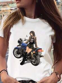 Camiseta de anime para mujeres con estampado de motocicleta y azul - Estilo manga, manga corta, cuello redondo, camiseta casual, tela suave y elástica (lavable a máquina) para atuendos casuales y entusiastas |   Diseño exquisito |   Suelto y cómodo |   Fácil de combinar | - Blanco - Ver 2