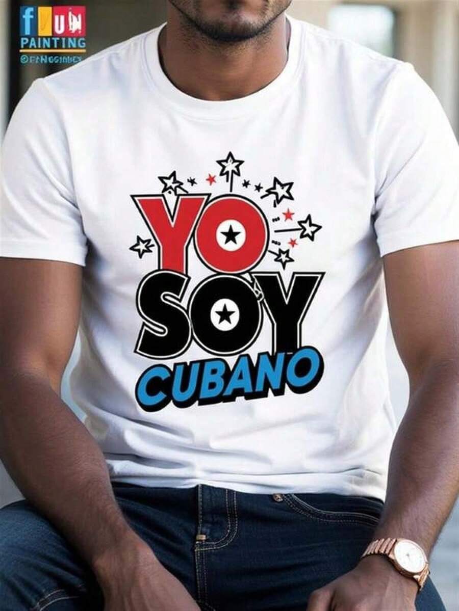 Camiseta Gráfica Cubana para Hombre - Camiseta Elástica de Cuello Redondo con Texto Rojo y Azul - Camisa Ligera Casual para Eventos Cotidianos y Formales - Top de Moda Urbana Lavable a Máquina, Estampado Geométrico Atrevido - Negro - Ver 1