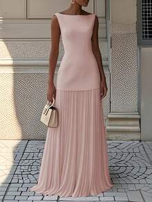 Summer Dresses For WomenWomen'S Solid Color Round Neck Sleeveless Patchwork Pleated Long Dress 2025 French Elegant Dress Temperament Fashionable Date - 粉色 - 查看 3