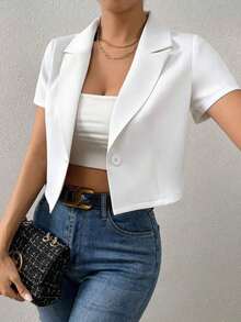 Chaquetilla Corta De Blazer De Manga Corta De Solido Color Con Cuello De Solapa - Blanco - Ver 5