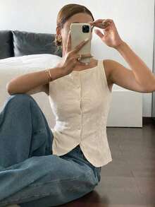 Camiseta de tirantes de mujer de unicolor con bordado y aplicación elegante, para verano - Albaricoque - Ver 3
