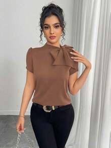 Camisa de mujer con mangas abombadas, nudo en el cuello y unicolor, casual y versátil, para primavera/verano - Marrón - Ver 5