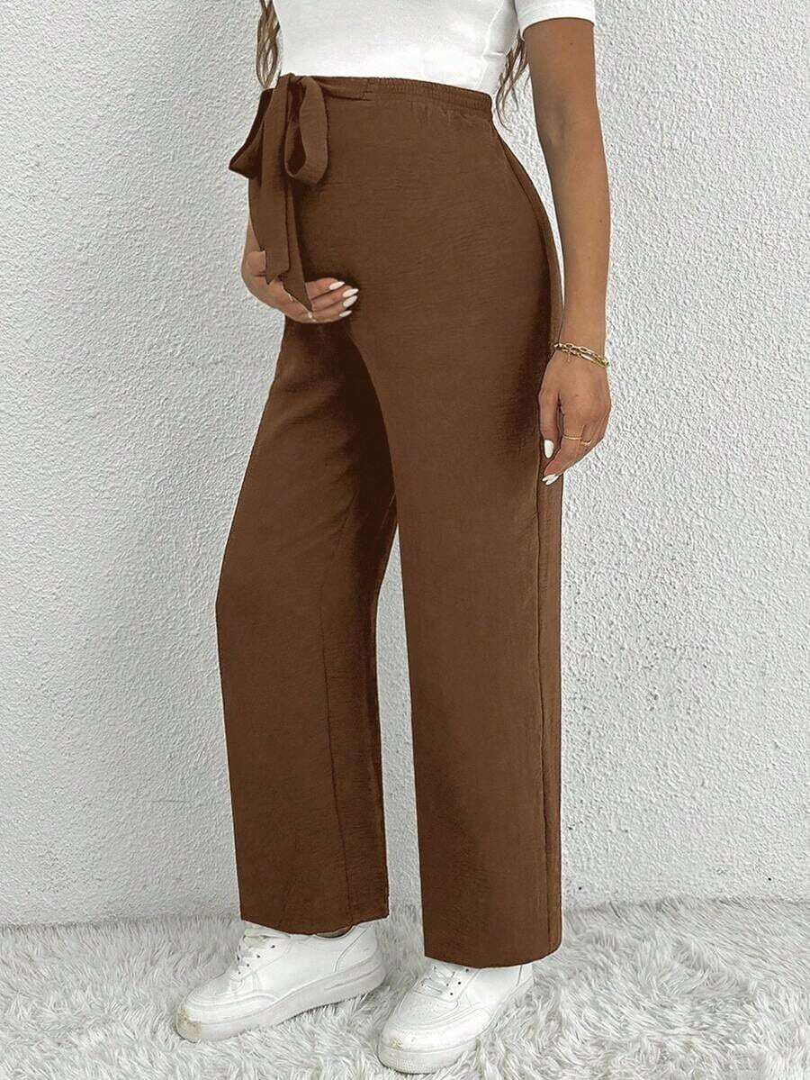 Pantalones anchos para mujer embarazada con detalle de nudo en la cintura, de unicolor y corte suelto - Camel - Ver 1