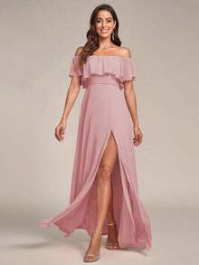 Vestido de dama de honor amarillo con volantes en los hombros, abertura alta y silueta A, adecuado para bodas de primavera/verano, fiestas, playa y vacaciones - Rosa Pálido - Ver 4