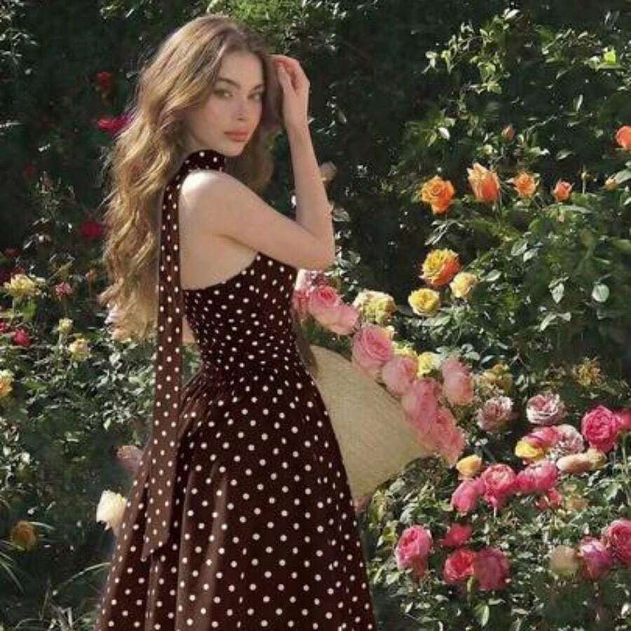 guang zhou mi qian shang mao MOD Vestido de verano de longitud media sin mangas con estampado de lunares elegante para mujer - Marrón Chocolate - Ver 1