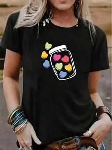 Camiseta mujer Can Heart Print Primavera Verano Casual Suelta Cuello Redondo Manga Corta - Blanco - Ver 6